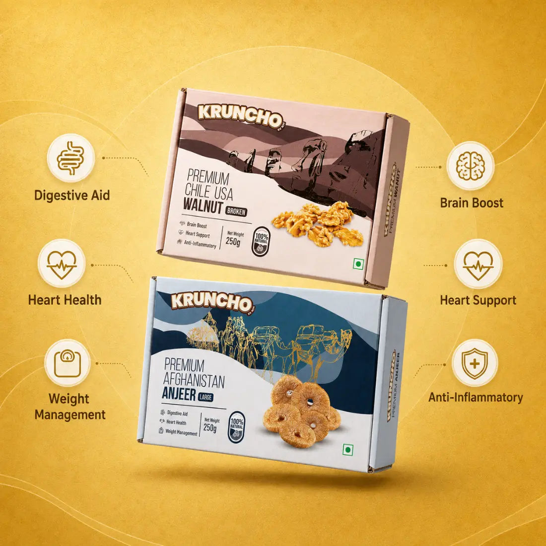 Two KRUNCHO brand premium product boxes floating diagonally against a solid yellow backdrop, featuring Premium Chile USA Broken Walnuts and Premium Afghanistan Large Anjeer.
