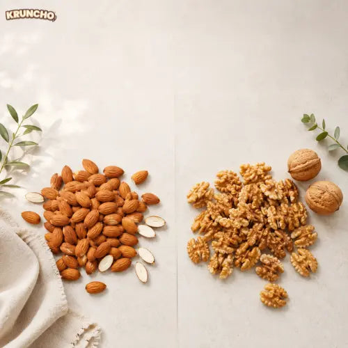 A top-down side-by-side comparison showing a pile of whole and halved almonds on the left and a pile of shelled and unshelled walnuts on the right.