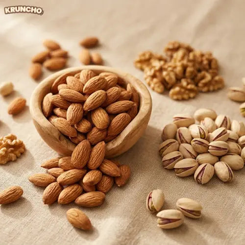 A variety of healthy dry fruits for cholesterol control, featuring a wooden bowl overflowing with almonds alongside piles of pistachios and walnuts.