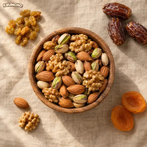 Bowl of walnuts, almonds, pistachios, dates and raisins for heart health