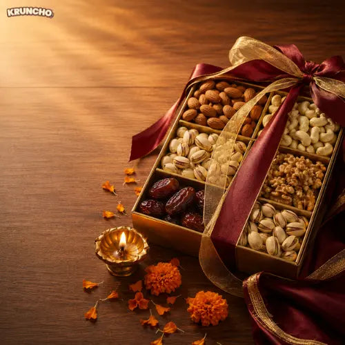 Premium Kruncho dry fruit gift box with assorted nuts, red ribbon, and traditional diya for Griha Pravesh