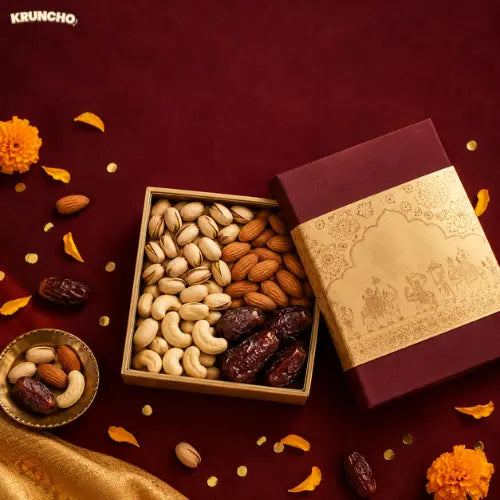 Premium Kruncho dry fruit hamper featuring sorted cashews, almonds, pistachios, and dates for wedding return gifts.