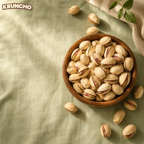 A wooden bowl filled with in-shell pistachios on a light green fabric, with a few scattered around and the Kruncho logo in the top left corner.