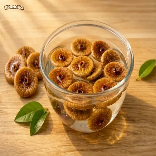 Dried Anjeer soaking in a glass bowl of water on a wooden table.