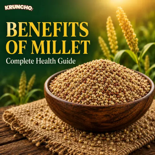 Graphic with text: "BENEFITS OF MILLET: Complete Health Guide" featuring a wooden bowl of millet grains.