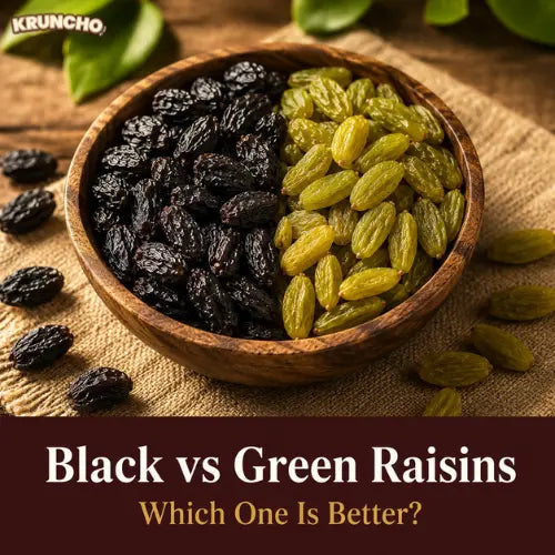 Black vs green raisins comparison image featuring premium black raisins and green raisins in a wooden bowl, highlighting the differences, nutrition, and benefits of both dried fruit varieties.