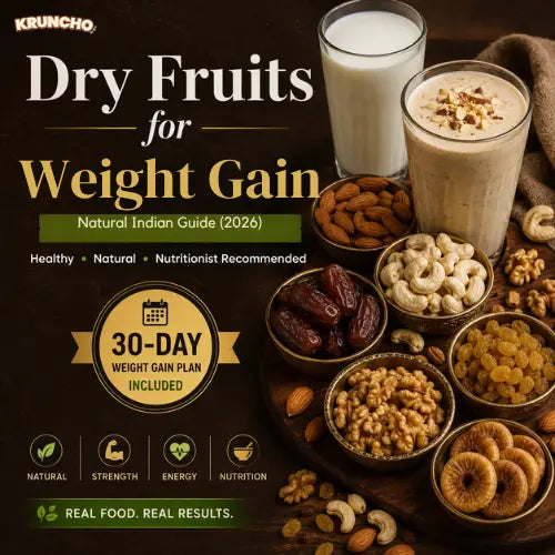 Premium dry fruits for weight gain featured image with almonds cashews dates walnuts raisins anjeer milk and dry fruit milkshake for healthy natural weight gain guide 2026.