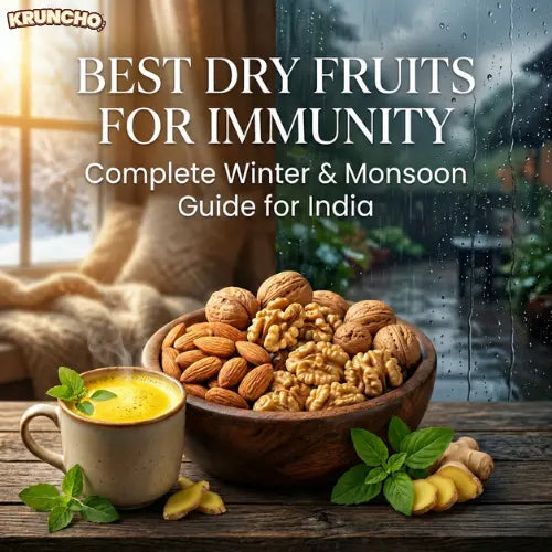 featuring a bowl of walnuts, almonds, ginger, and golden milk. Highlights a complete winter and monsoon immunity guide for dry fruits in India.