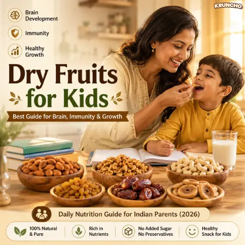Warm family breakfast scene with dry fruits for kids including almonds walnuts cashews raisins dates and milk