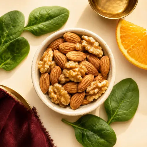A ceramic bowl filled with almonds and walnuts surrounded by fresh spinach leaves and an orange slice, representing foods for natural eye health.