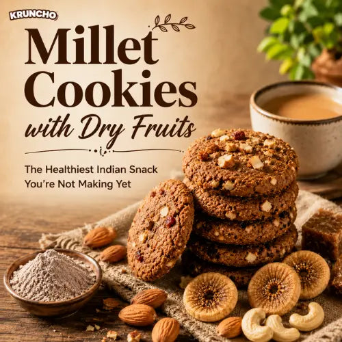 Kruncho Millet Cookies with Dry Fruits, featuring a stack of cookies next to a cup of tea, almonds, cashews, and figs.