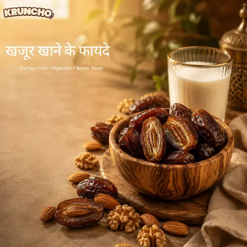 bowl of dates next to a glass of milk highlighting doodh aur kruncho ke khajur khane ke fayde.