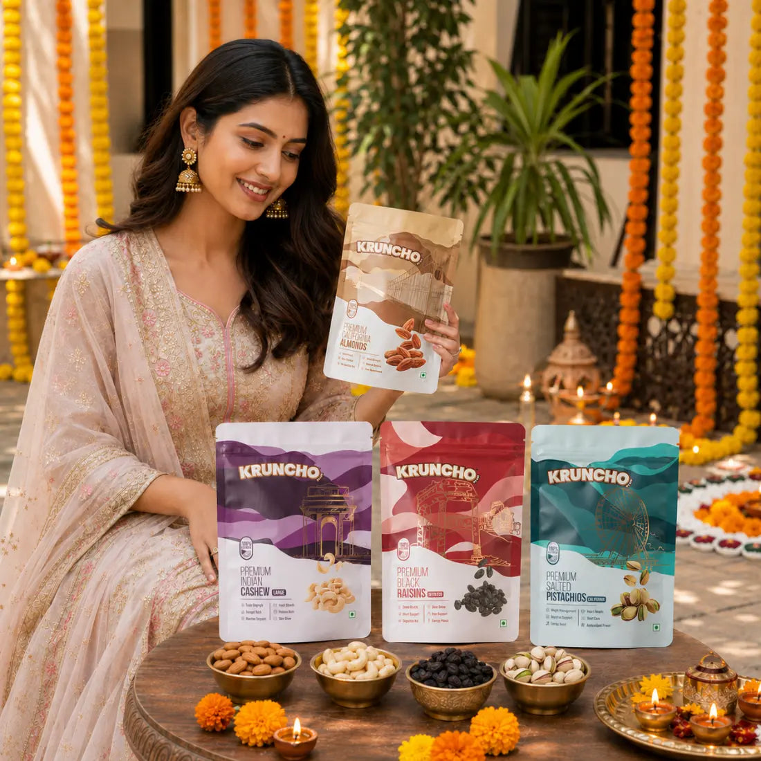 A smiling woman in festive Indian attire holds a pouch of Kruncho almonds, sitting behind a table displaying other Kruncho dry fruit packets, bowls of nuts, and lit diyas against a backdrop of marigold garlands.