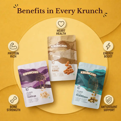 Kruncho Cashew, Almond, and Salted Pistachio pouches on a yellow background framed by health icons like heart health, energy boost, and bone strength.