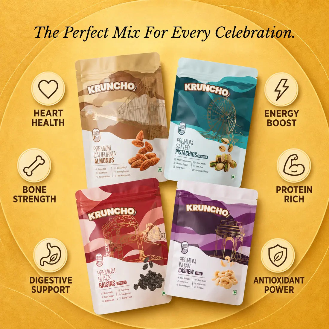 Four Kruncho dry fruit pouches displayed on a yellow background with icons highlighting health benefits like heart health, energy boost, and protein.