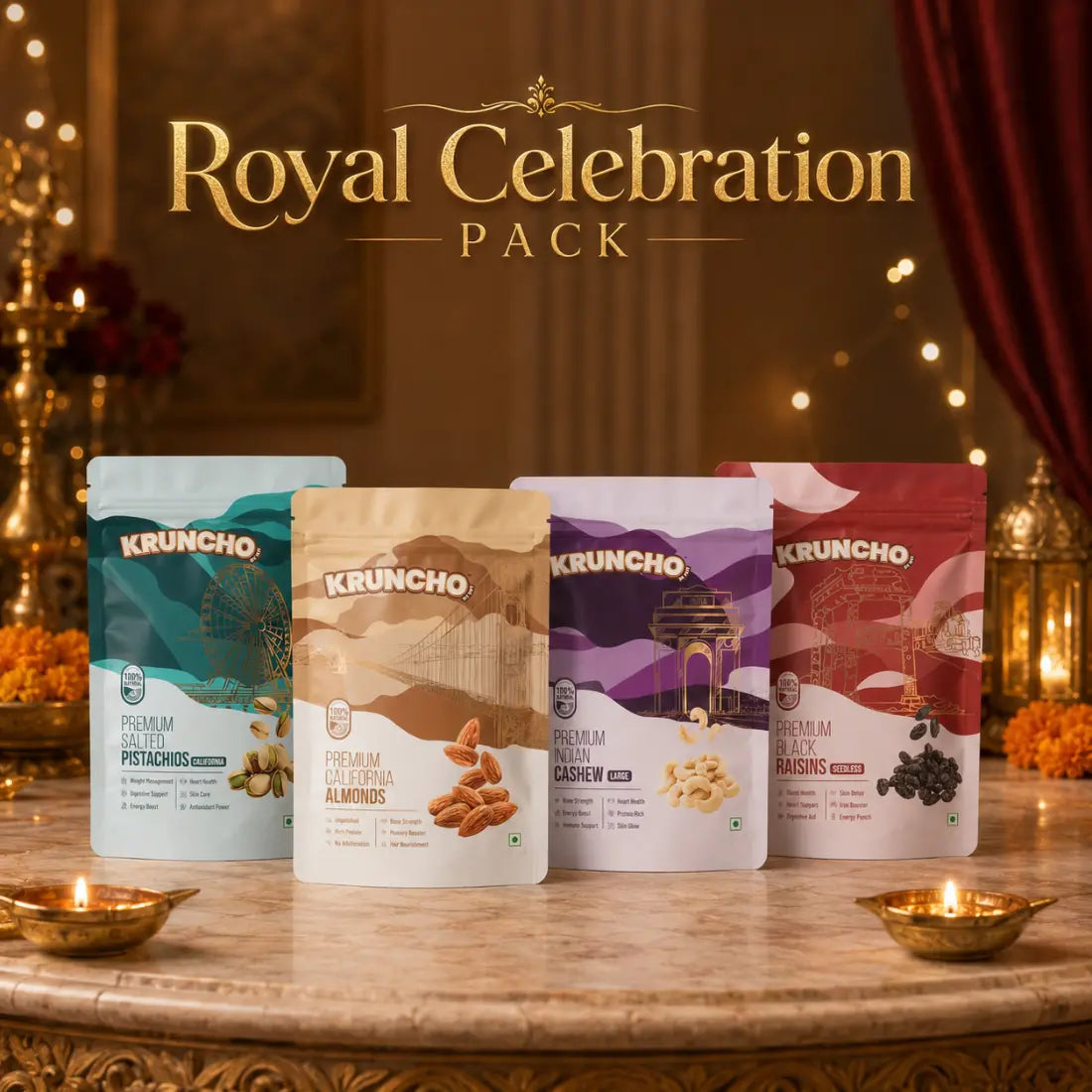A festive display of the Kruncho "Royal Celebration Pack" featuring four premium dry fruit pouches arranged on a marble table alongside lit diyas.