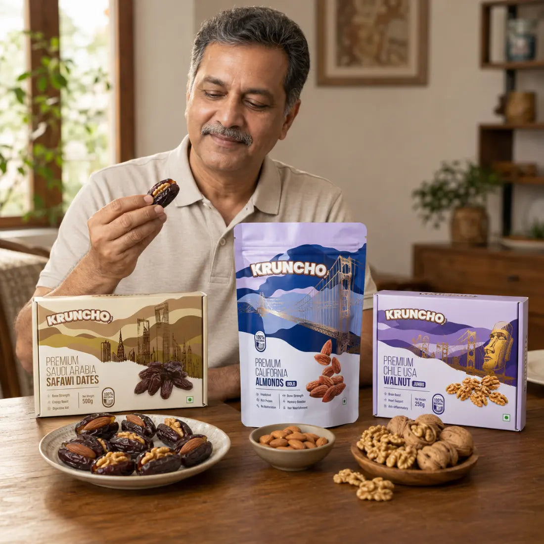 A man enjoying a healthy snack of Kruncho Safawi dates stuffed with premium almonds and walnuts, arranged on a table next to their original Kruncho brand packaging.