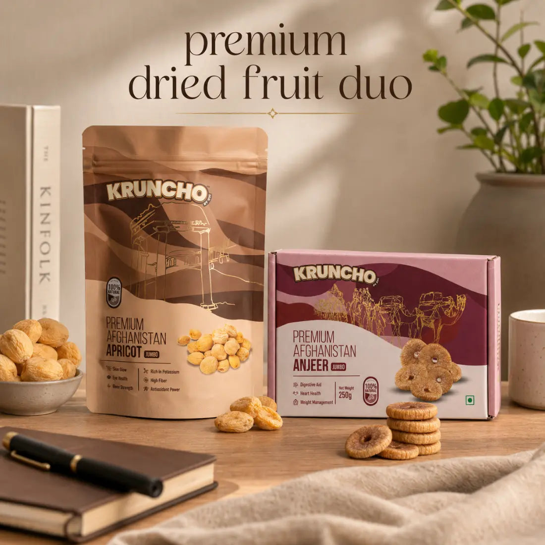 A premium dried fruit duo gift combo of Kruncho Jumbo Afghan Anjeer and Premium Afghanistan Apricots.