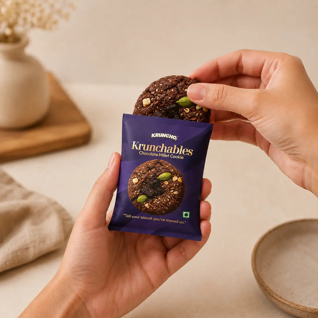 Krunchables Chocolate Millet Cookie health benefits infographic - high fibre, no refined sugar, no maida, gluten free, trans fat free, made with jowar ragi and oats
