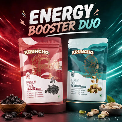 Kruncho brand seedless black raisins and California salted pistachios packages displayed with bowls of fresh nuts against a high-energy red and teal background.
