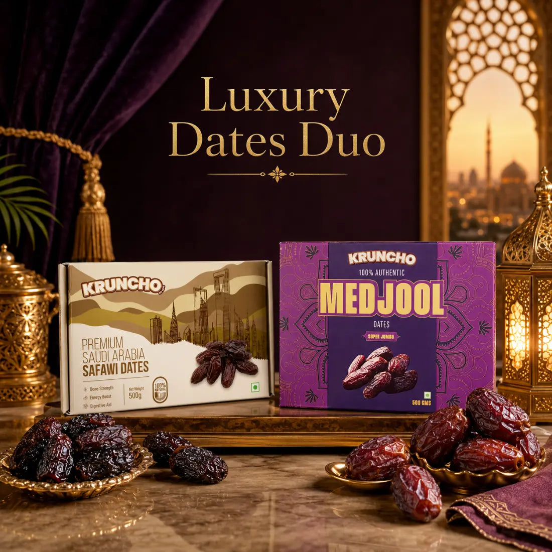 A smiling woman enjoying a premium Kruncho date as a healthy snack in a kitchen, next to Safawi and Medjool 500g packs.