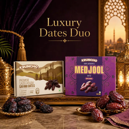 A smiling woman enjoying a premium Kruncho date as a healthy snack in a kitchen, next to Safawi and Medjool 500g packs.