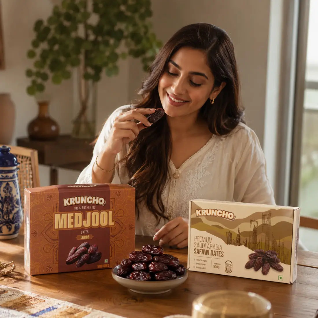 A smiling woman sitting at a dining table, holding a Kruncho dates to eat, with boxes of Medjool and Safawi dates in front of her.