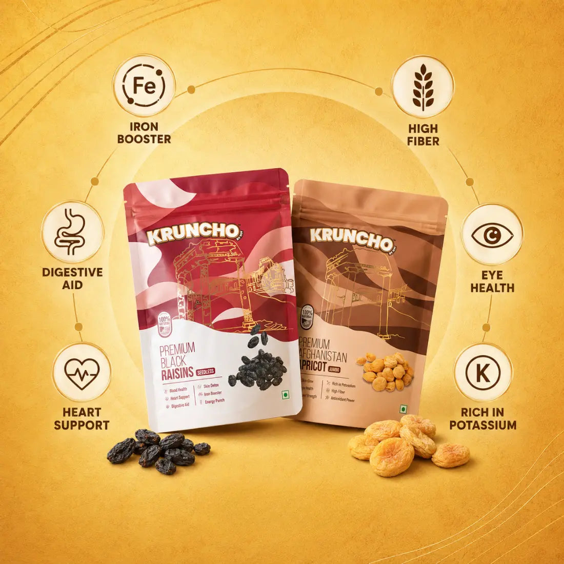 Kruncho brand seedless black raisins and jumbo apricots packaging alongside icons illustrating their combined nutritional features such as being an iron booster and rich in potassium.