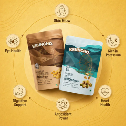 Kruncho 100% natural healthy snacks packaging featuring Jumbo Afghanistan Apricots and California Salted Pistachios with a breakdown of nutritional benefits.