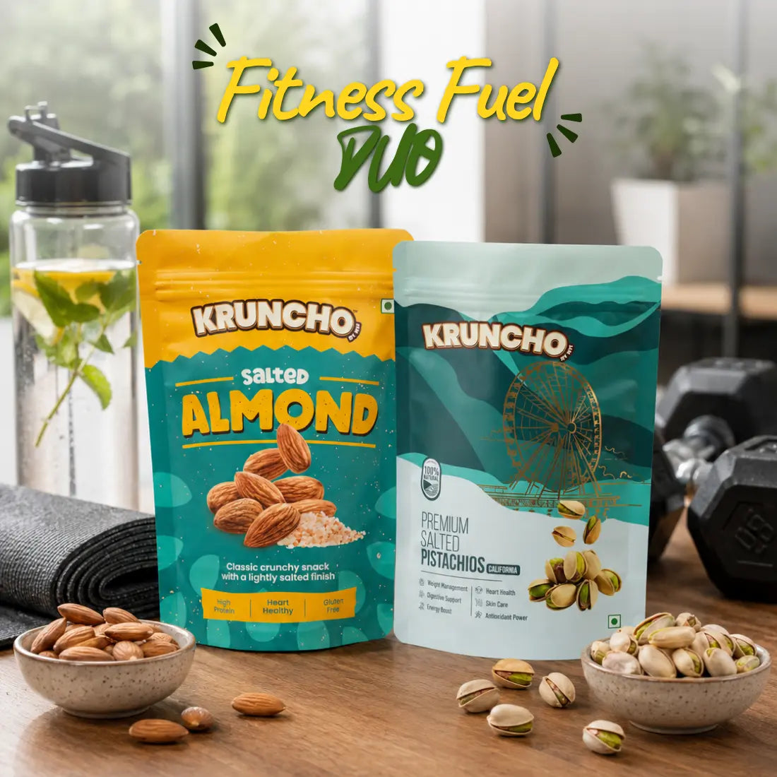 Kruncho Fitness Fuel Duo combo pack featuring healthy snack options of classic salted almonds and California pistachios next to workout gear.