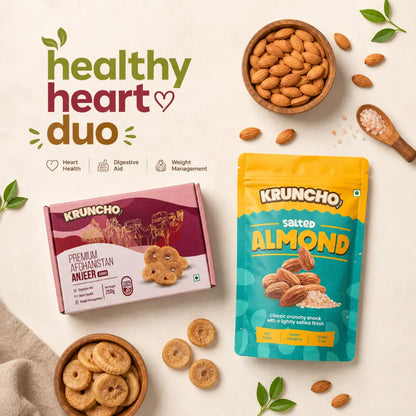 Kruncho healthy heart duo snack pack with premium jumbo anjeer and salted almonds, perfect for heart health and digestive aid.