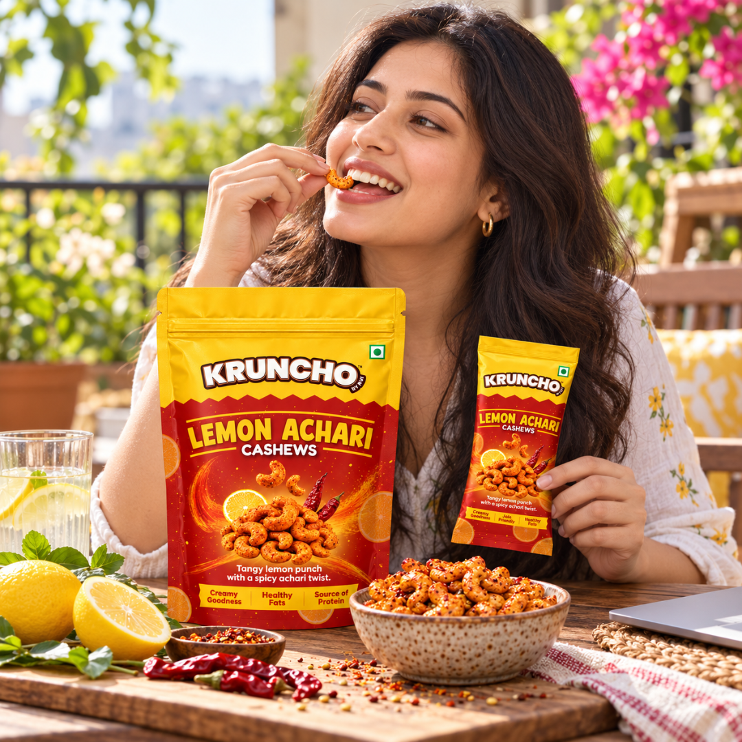 Kruncho Lemon Achari Cashews lifestyle model