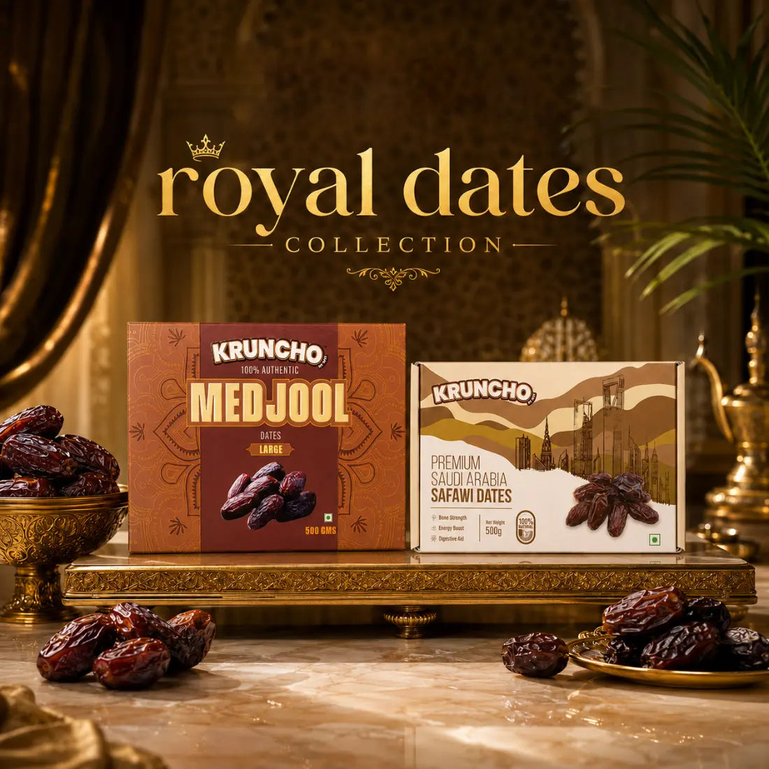 Kruncho Royal Dates Collection showcasing 100% authentic Medjool and premium Saudi Arabia Safawi dates in an elegant, golden display, perfect for luxury gifting.
