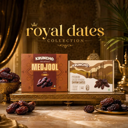 Kruncho Royal Dates Collection showcasing 100% authentic Medjool and premium Saudi Arabia Safawi dates in an elegant, golden display, perfect for luxury gifting.