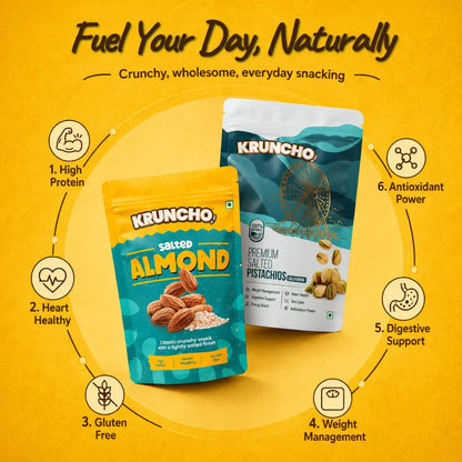 Kruncho premium dry fruits health benefits graphic for salted almonds and premium pistachios.