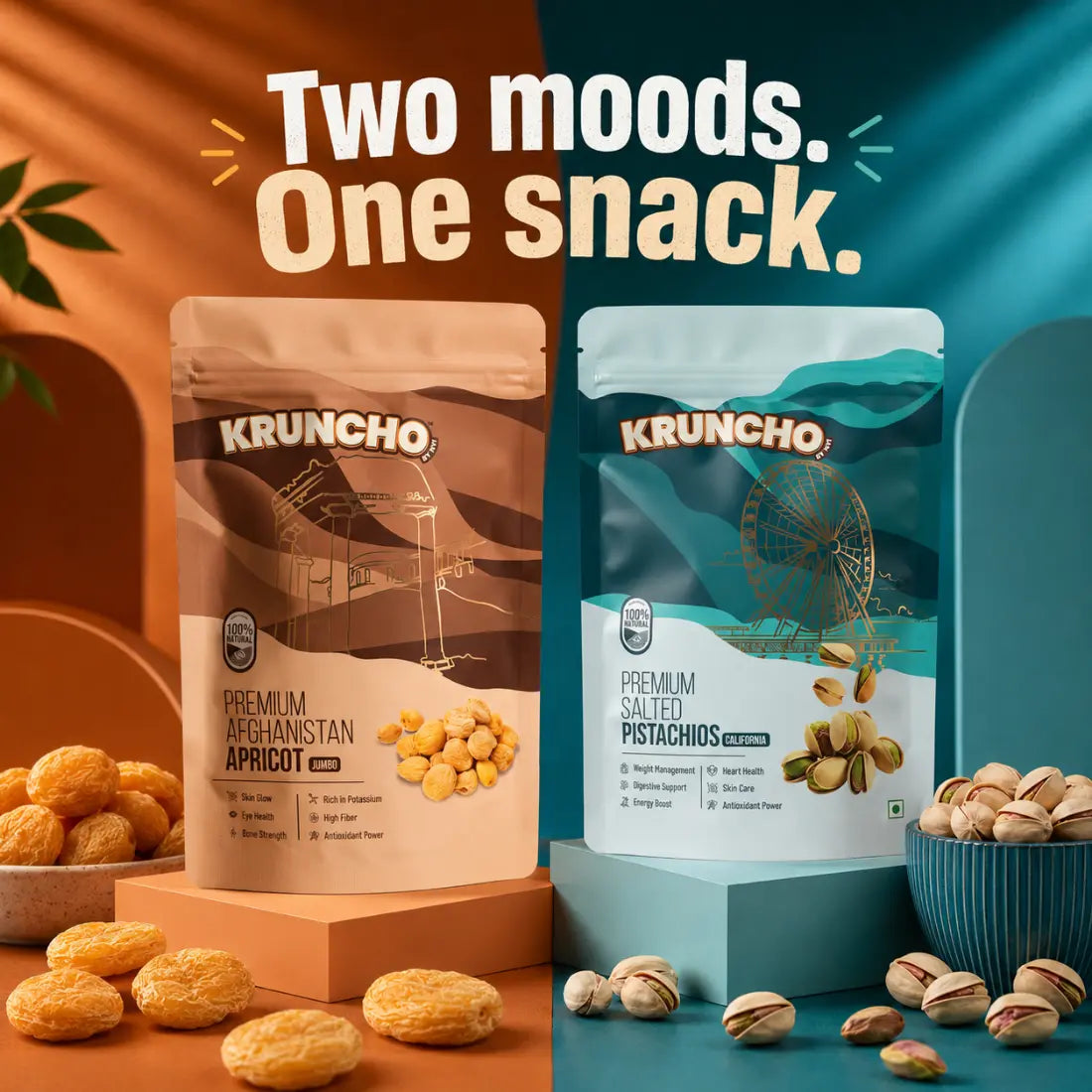 Kruncho premium dry fruits infographic highlighting the wellness benefits of apricots and pistachios on a yellow background.