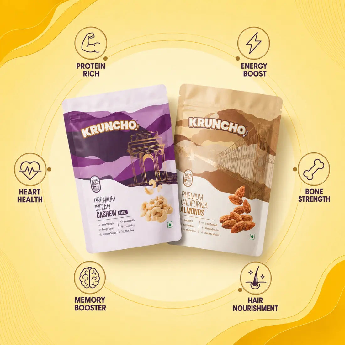 Kruncho Cashew and Almond pouches centered on a yellow background, surrounded by health benefit icons like protein rich, energy boost, and hair nourishment.