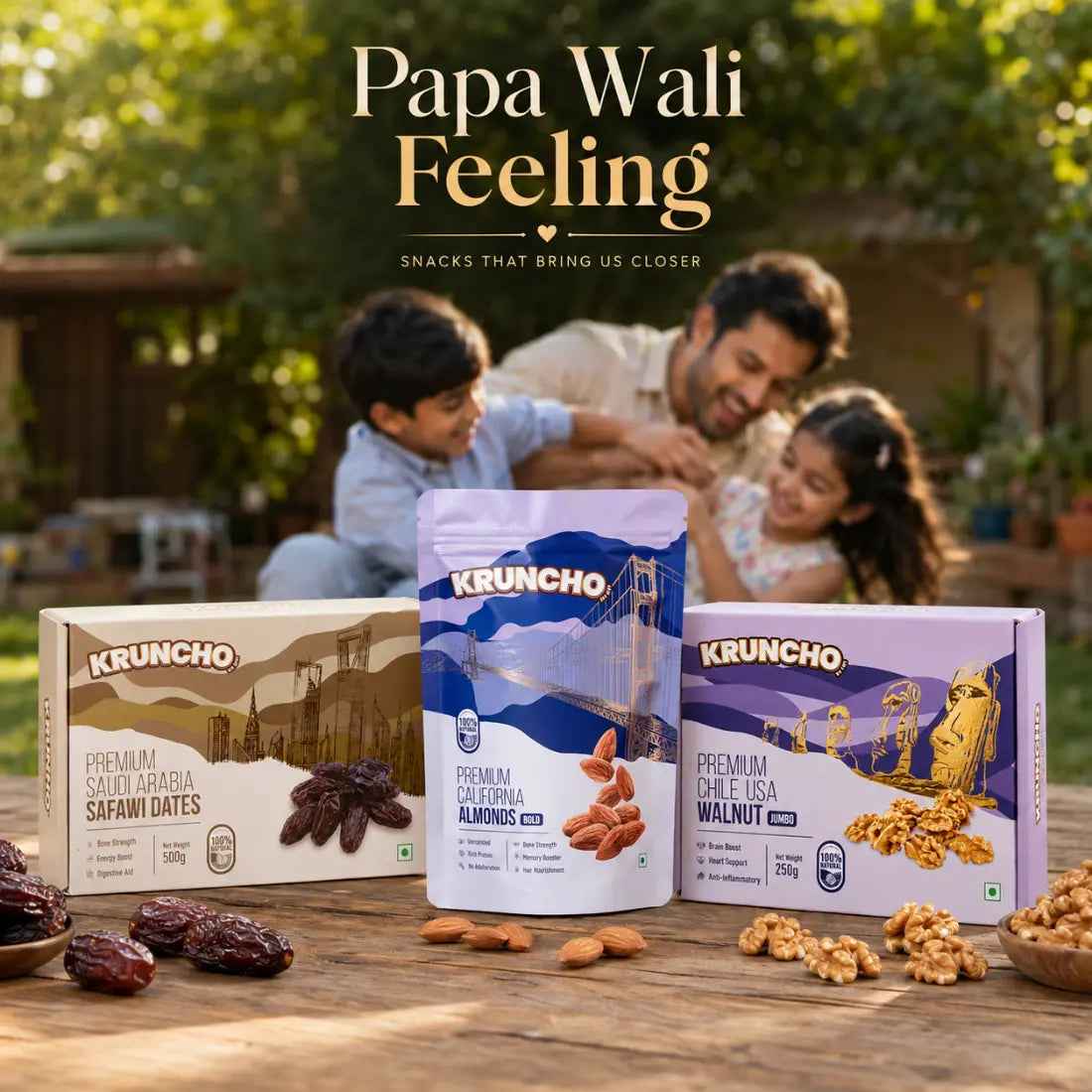 A happy family playing outdoors in the background behind an arrangement of premium dates, almonds, and walnuts with a 'Papa Wali Feeling'