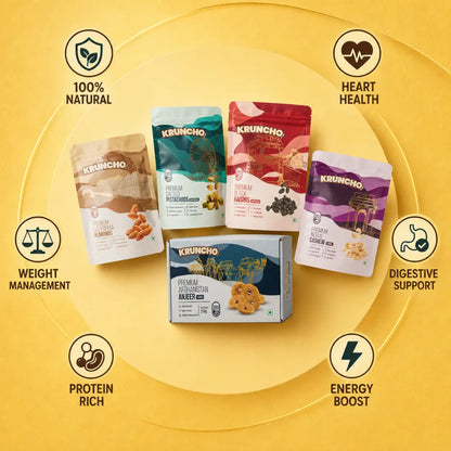 Kruncho dry fruit pouches and Anjeer box arranged on a yellow circular backdrop surrounded by health benefit icons like weight management, heart health, and energy boost.