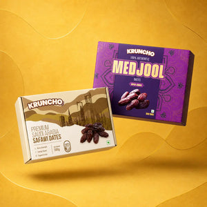 Kruncho Premium Safawi and Super Jumbo Medjool Dates 500g boxes on a yellow background, featuring health benefits like natural energy and digestive aid.