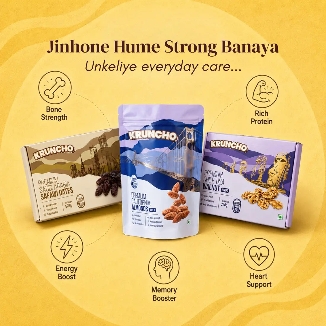 An arrangement of premium dates, almonds, and walnuts on a yellow background, featuring the text 'Jinhone Hume Strong Banaya, Unkeliye everyday care...' and related health icons.