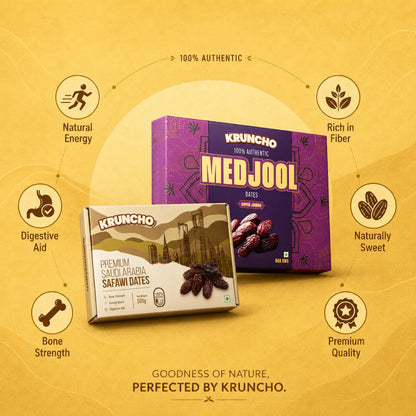 Minimalist floating display of Kruncho Premium Saudi Arabia Safawi and Super Jumbo Medjool Dates 500g packaging on a textured yellow background.