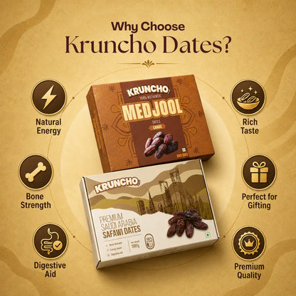 An infographic titled "Why Choose Kruncho Dates?" highlighting health benefits like natural energy, bone strength, and digestive aid, alongside images of their premium Medjool and Safawi date gift boxes.